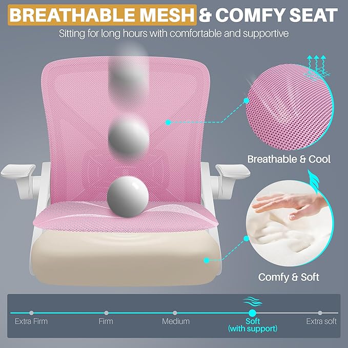 FelixKing Office Chair - Ergonomic Desk Chair Breathable Mesh Task Chair with Wheels and Lumbar Support Home Desk Office Chair with Flip up Armrest Rolling Swivel Computer Chair for Home Office Pink