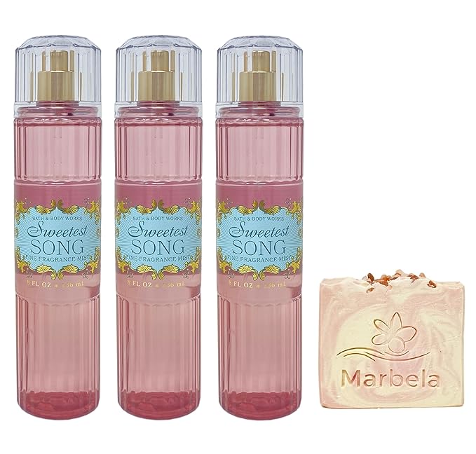 Bath & Body Works Sweetest Song 3 Pack Fragrance Mist Bundle with a Himalayan Salts Springs Bar Soap - Full Size