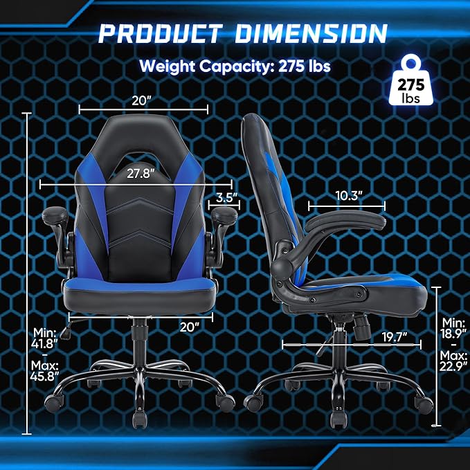 NEWBULIG Computer Gaming Desk Chair - Big Tall Ergonomic Lumbar Support with Flip-up Armrest and 360° Swivel Wheels, PU Leather Height Adjustable, for Home and Office, Blue