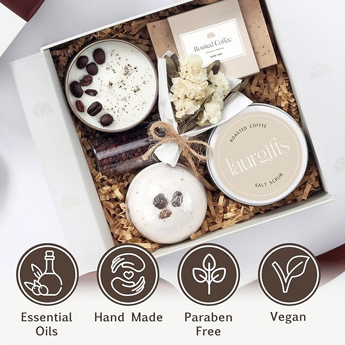 Spa Gift Basket for Women – Small Coffee Scented Candle Set with Bath Bomb & Salt Scrub | Handmade Spa Box Present, Birthday & Housewarming Gift for Her