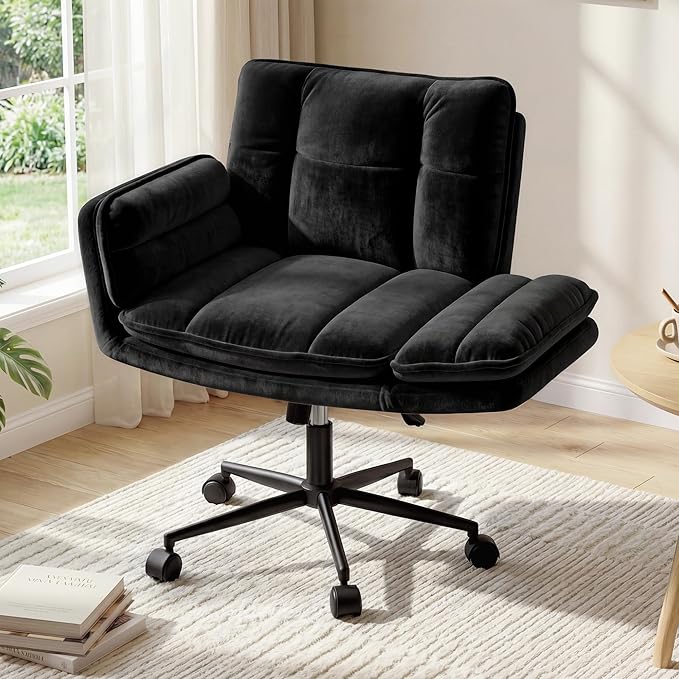 Criss Cross Chair with Wheels, Ergonomic Office Chair with Flip Armrests for Pets, Vanity Chair for Bedroom, Makeup Room and Office Room, Black