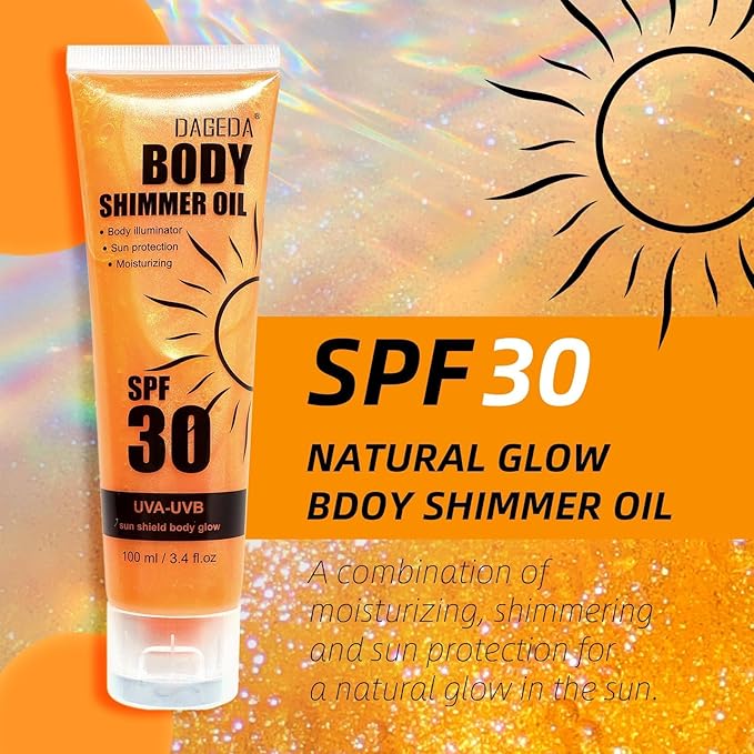 DAGEDA Body Glow Oil, SPF 30 Broad Spectrum Glitter Sunscreen, Lightweight, Non-sticky Sunscreen Body Shimmer, Sun Protection with Centella Asiatica Extract, UVA/UVB Protection, Gold 3.4 fl.oz