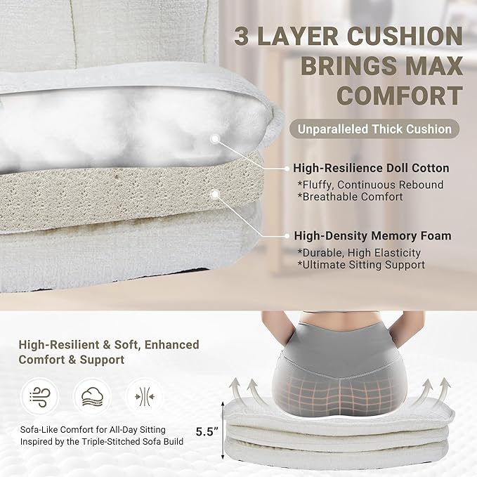 Criss Cross Chair with Wheels and Flip Arms, Upholstered Cross Legged Office Chair with 3 Layer Cushions&Dynamic Airbag Lumbar Support, Wide Seat Comfy Desk Chair for Home Office, Living Room, Beige