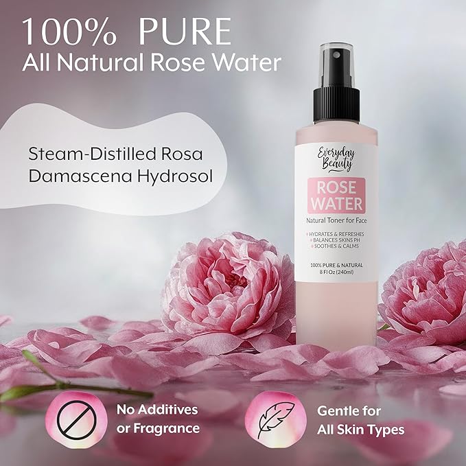 Everyday Beauty Rose Water Spray for Face - Natural Facial Toner - 8 Fl Oz Alcohol-Free Vegan Refreshing for Face and Hair - Uplifts, Calming & Soothing for All Skin Types