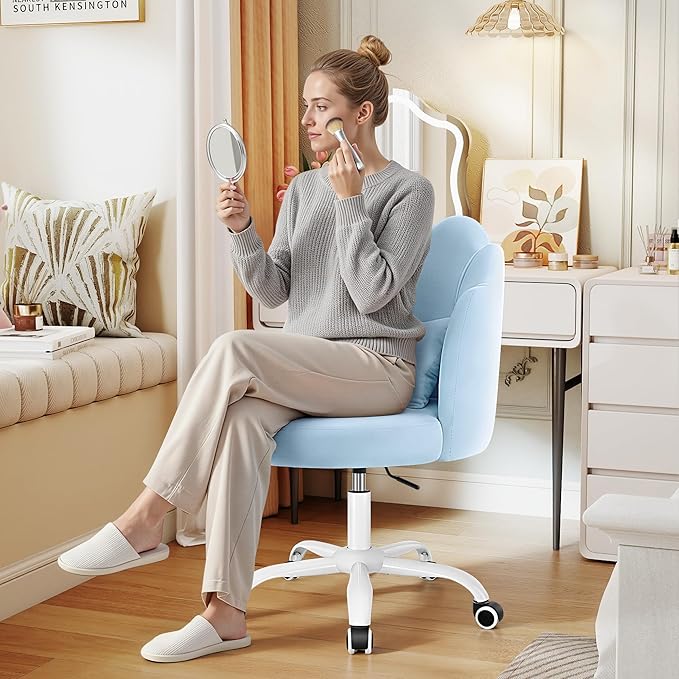 Petal Vanity Chair with Wheels, 3.15" Extra Thick Comfy Makeup Chair, Adjustable Modern Swivel Armless Desk Chair for Girls Women, Aesthetic Small Office Chair for Bedroom Dorm