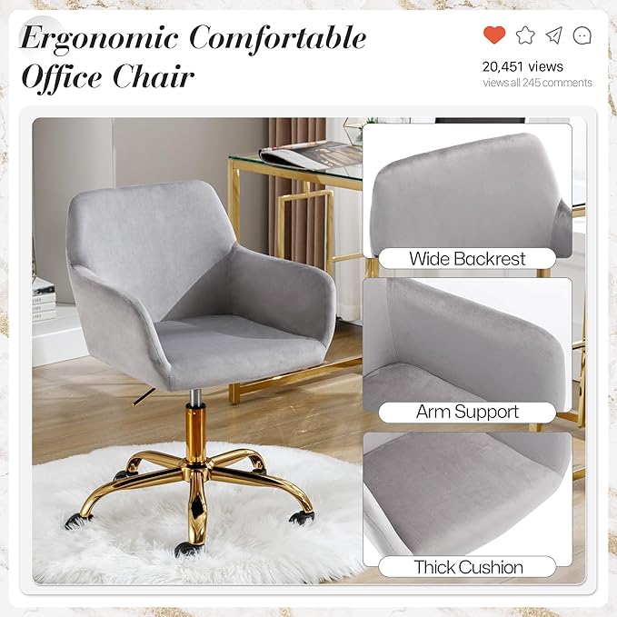 Faux Fur 360°Swivel Desk Chair, Modern Height Adjustable Home Office Armchair with Golden Base for Teens Women Girls, Upholstery Computer Chair for Home Studios, Velvet & Light Grey