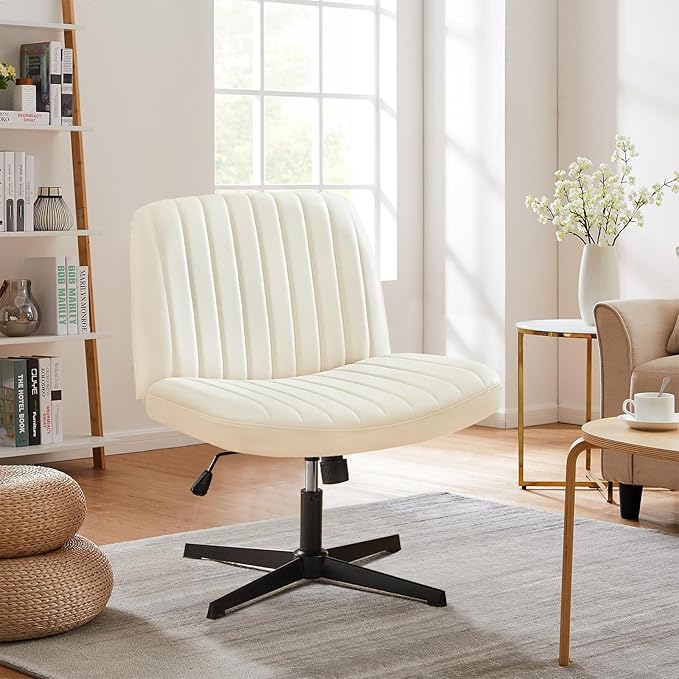 Sweetcrispy Criss Cross Chair Legged, Armless Office Wide Desk Chair No Wheels, PU Leather Swivel Vanity Height Adjustable Fabric Modern Computer Task Seating for Home - Beige