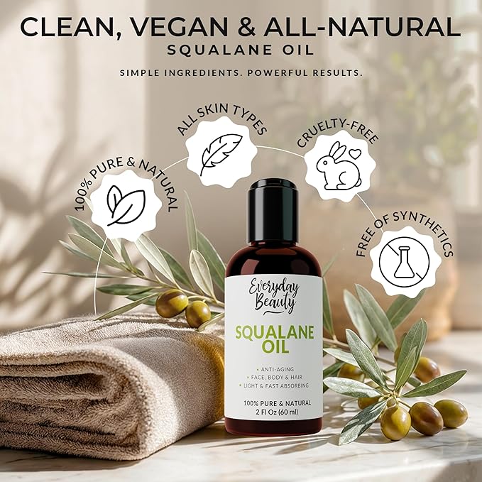 Squalane Oil - 100% Pure & Natural Plant Derived Facial Oil 2 Fl Oz - Cold Pressed and Unrefined Premium Grade Multipurpose Moisturizing Oil for Skin and Hair