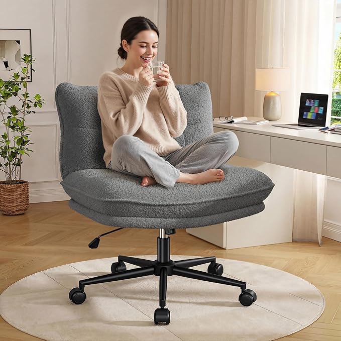 Criss Cross Chair with Wheels, 7" Extra Thick Cross Legged Office Chair, Height Adjustable Swivel Design for Home Office, Study & Vanity,Gery