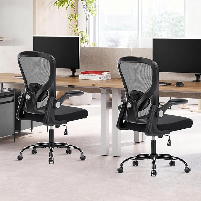 Ergonomic Office Chair, Computer Desk Chair with Adjustable Lumbar Support, Breathable Mesh Office Chair with Flip-up Armrests, Rocking Function, Comfy Home Office Desk Chair, Black
