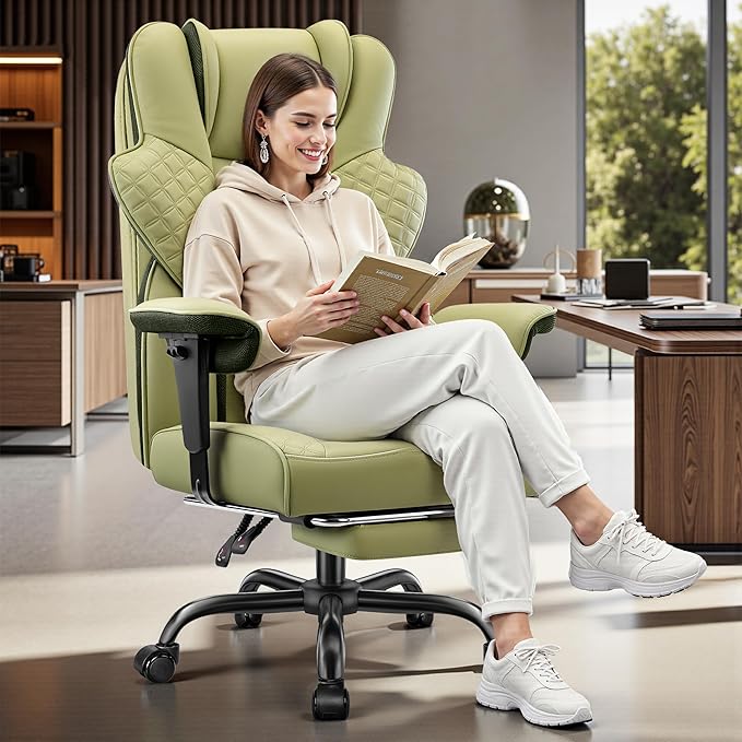 FelixKing Big and Tall Office Chair 500lbs - Ergonomic Desk Chair with Footrest, Scratch-Resistant PU Leather Computer Chair, 4D Lumbar Support Gaming Chair, Comfy Reclining Swivel Work Chair, Green