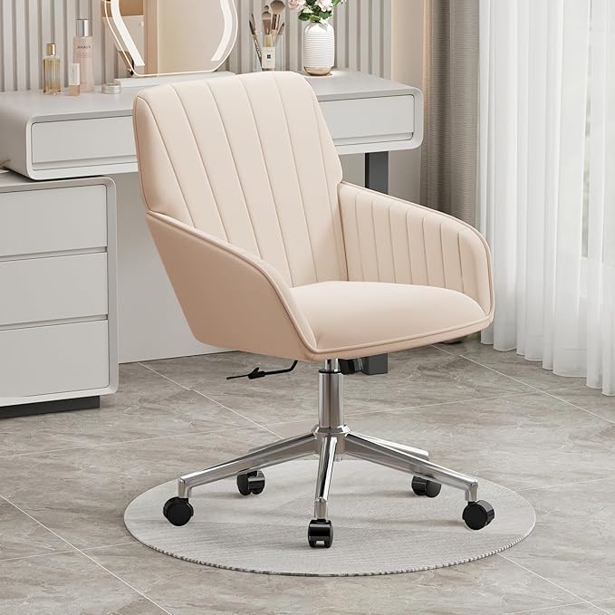 YISHENG Velvet Office Desk Chair with Silver Base, with Wheels,Modern Height Adjustable 360 Degree Swivel Upholstered Vanity Chairs with Arms for Living Room Bedroom,Khaki