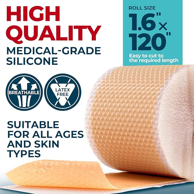 Medical Grade Silicone Scar Tape - 1.6”x120” - Visible Difference on Surgical & Keloid Scars - Reusable Silicone Scar Sheets - Easy to Use Silicone Tape for Scars