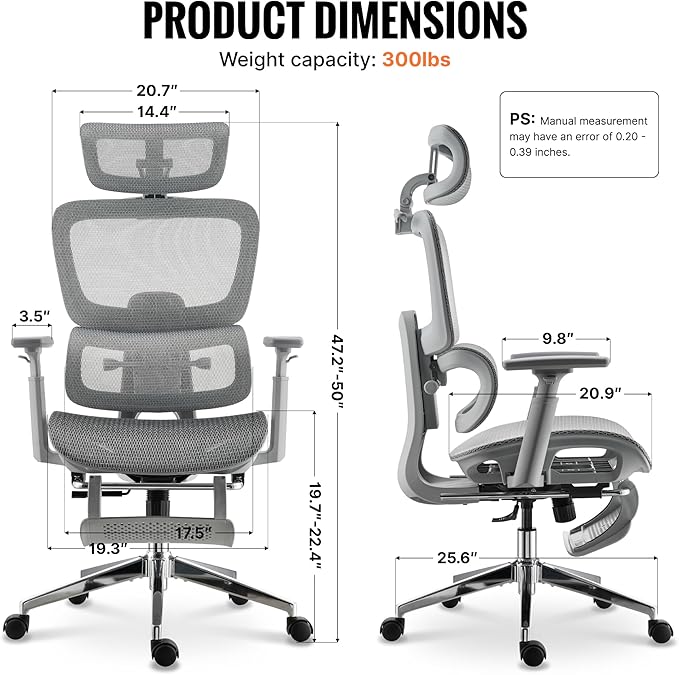 Ergonomic Mesh Office & Gaming Chair with Footrest, High Back Home Office Desk Chair, Comfortable Lumbar Support, 130° Tilt, Adjustable 3D Armrest & 2D Headrest (Grey)