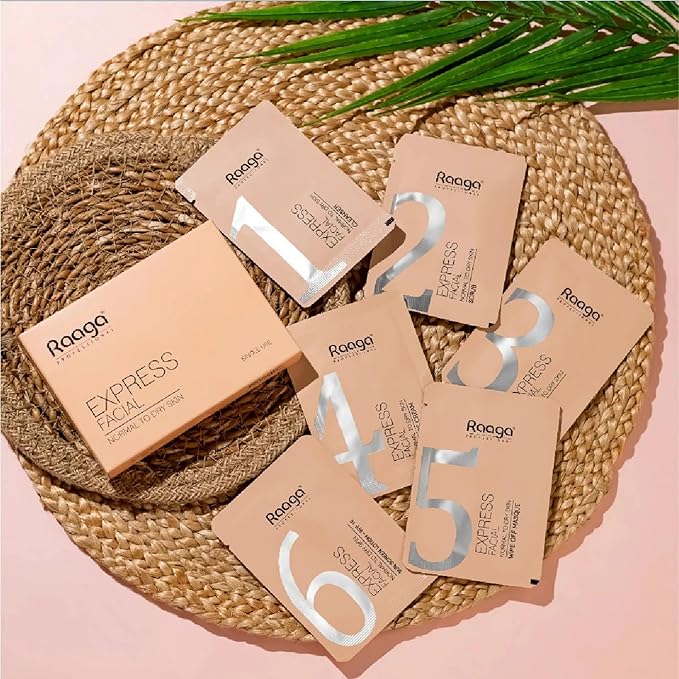 Raaga Professional Express Single Use Facial Kit | For Dry, Dull Skin | 6-Step Skincare Set At Home | Cleanser, Scrub, Toner, Massage Gel, Face Mask & Sunscreen | 35g/1.23 Oz