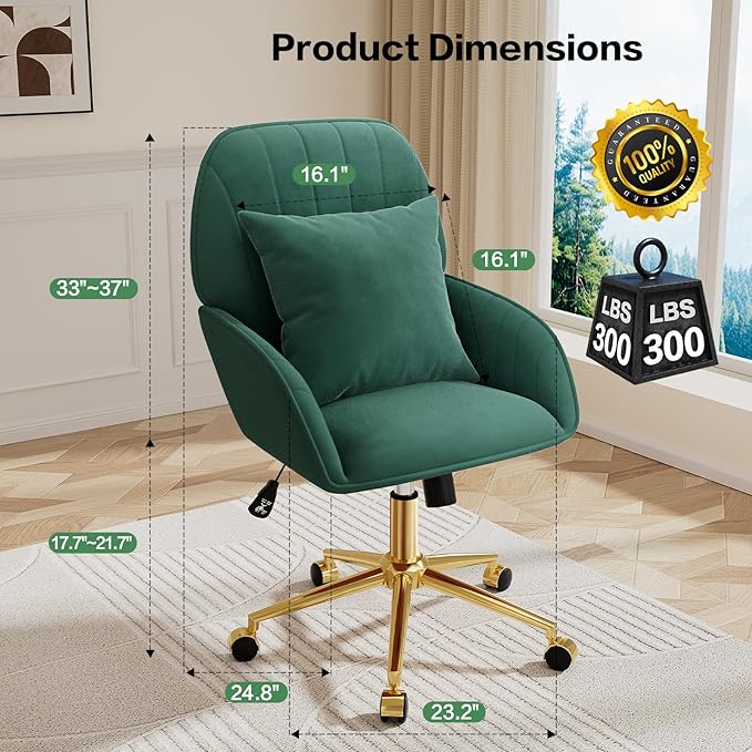 Home Office Desk Chair Comfy with Adjustable Swivel Wheels, Modern Velvet Makeup Vanity Chair with Back & Pillow, Ergonomic Office Chair Computer Task Chair for Living Room, Bedroom, Green