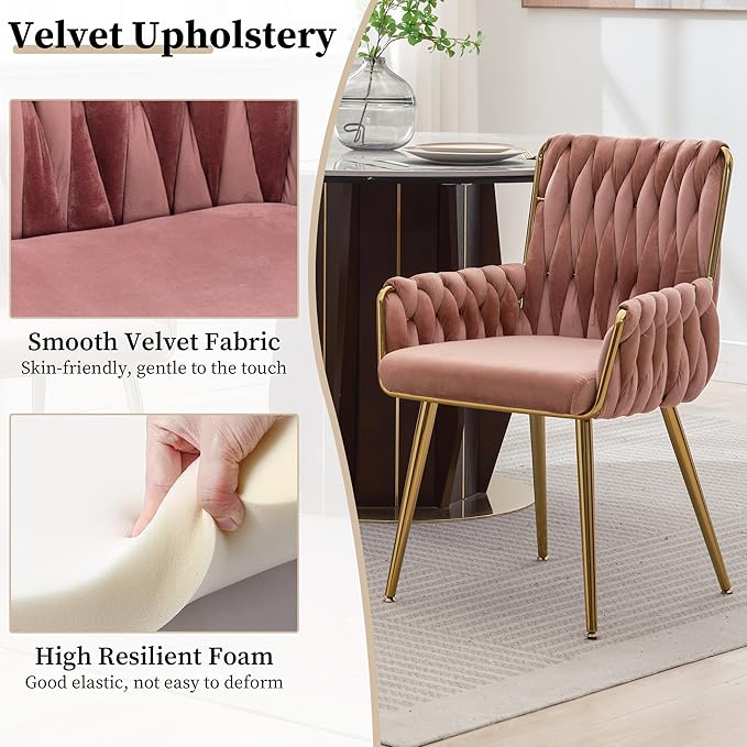 ABET Office Desk Chair No Wheels, Woven Velvet Vanity Chair with Back & Armrest, Comfy Upholstered Cute Gold Metal Legs Makeup Aesthetic Armchair for Girls & Women Bedroom, Nail Spa, Rose Red