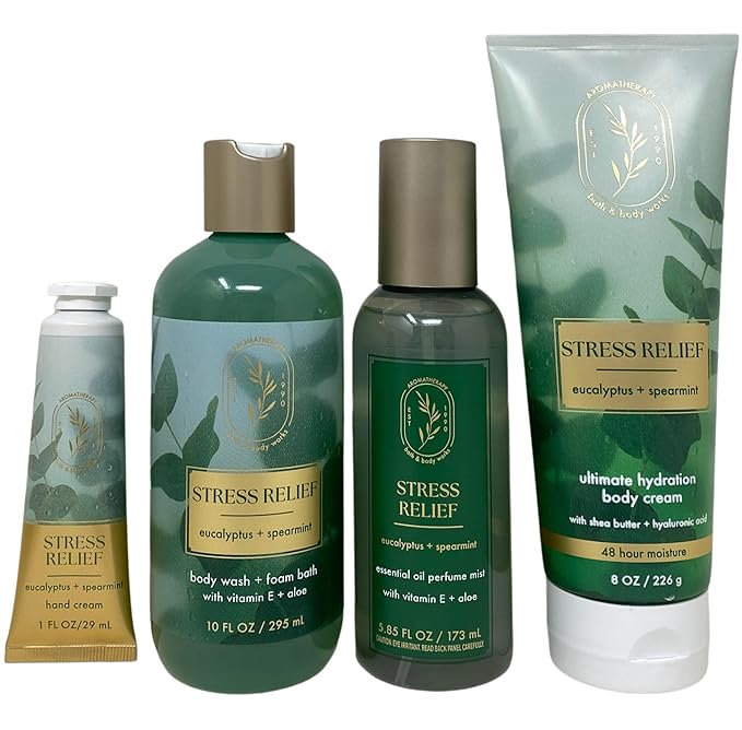 Bath & Body Works Aromatherapy Stress Relief Eucalyptus Spearmint Gift Set - Body Cream, Body Wash & Foam Bath, Essential Oil Perfume Mist and Hand Cream - with a Fresh Forest Bar Soap