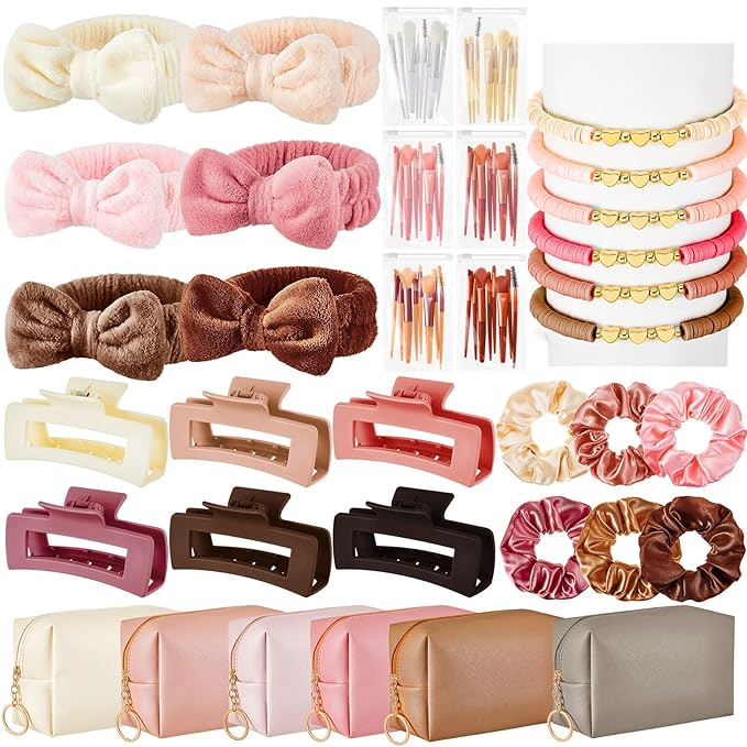 Zeyune 36 Pcs Gifts Sets Bulk for Tween Teen Women Preppy Party Favors Set Preppy Makeup Bag Hair Pin Scrunchies Headbands Bracelets Trendy Stuff Gift for Women Friend Birthday Present(Pink Series)