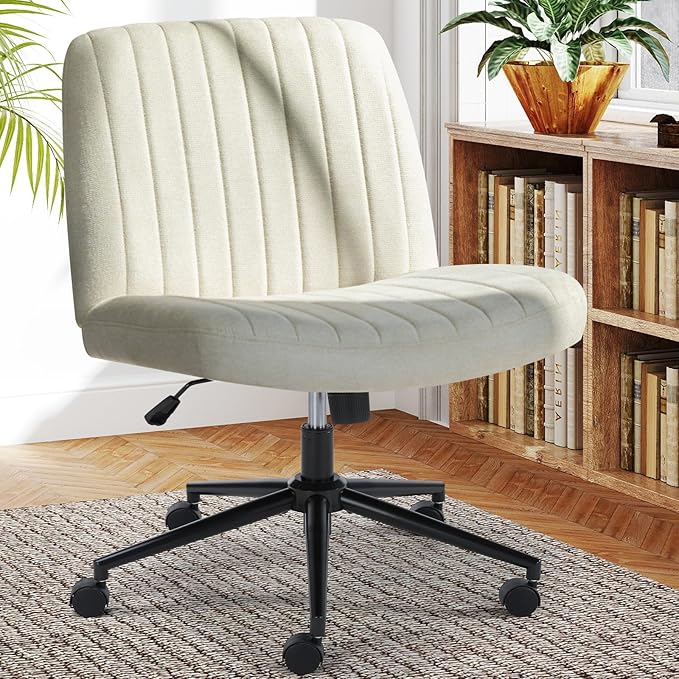 Sweetcrispy Criss Cross Chair Legged with Wheel, Armless Office Swivel Desk Chair with Wheel, Vanity Height Adjustable Wide Seat Comfy Cute Computer Task Seating for Home Bedroom