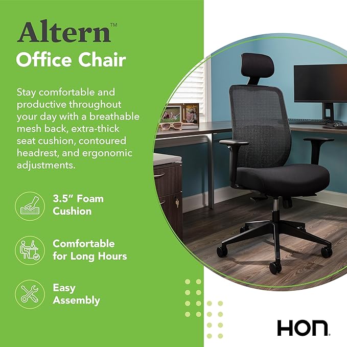HON Altern Ergonomic Office Chair with Headrest, Arms, Wheels, Foam Cushion Seat, Mid Back Home Office Desk Chair Comfy, Gaming Chair, Height Adjustable Arms, Synchro-Tilt, Black Frame, Ruby