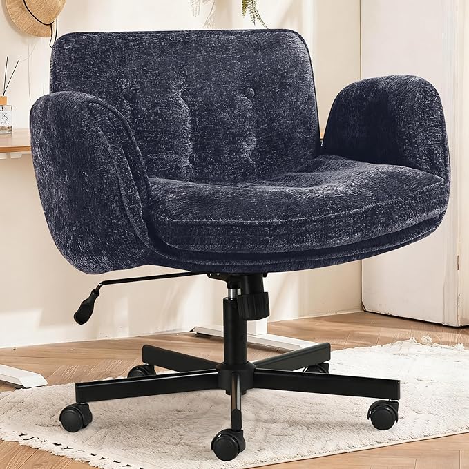 Criss Cross Chair with Wheels & Arms, Chenille Cross Legged Office Chair with 5-level Folding Armrest, Comfortable Adjustable Swivel Vanity Chair for Home, Make Up, Bed Room, Office, Accent (Blue)