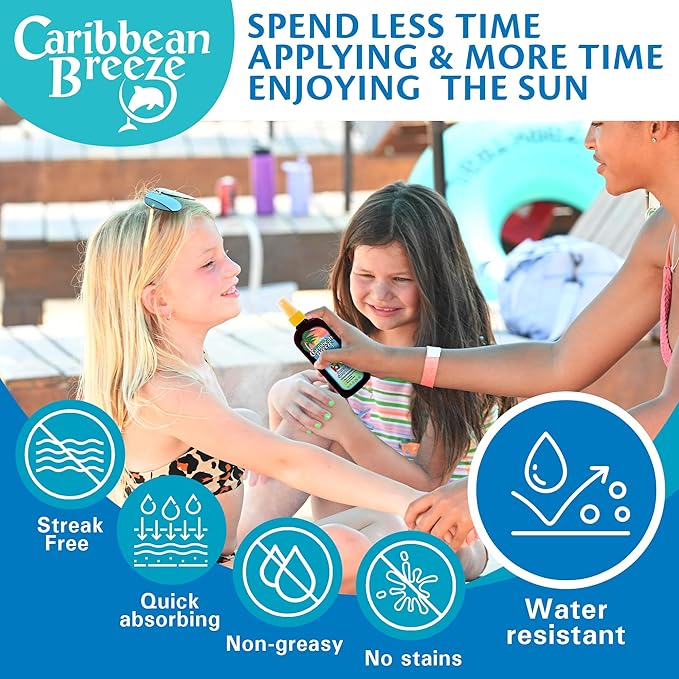 Caribbean Breeze Kids Sunscreen Spray SPF 50, Lotion Sunblock Spray, Sunscreen for Kids & Toddlers, with Green Tea & Pomegranate Extracts, Non-Aerosol Pump for Face & Body, Water Resistant, 8.5 oz