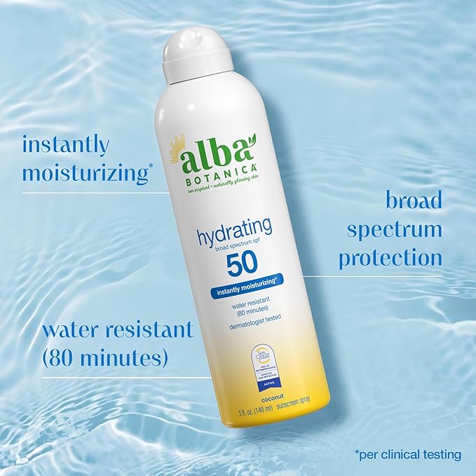 Alba Botanica Sunscreen Spray for Face and Body, Broad Spectrum SPF 50 Sunscreen, Hawaiian Coconut, Water Resistant and Biodegradable, 5 fl. oz. Bottle