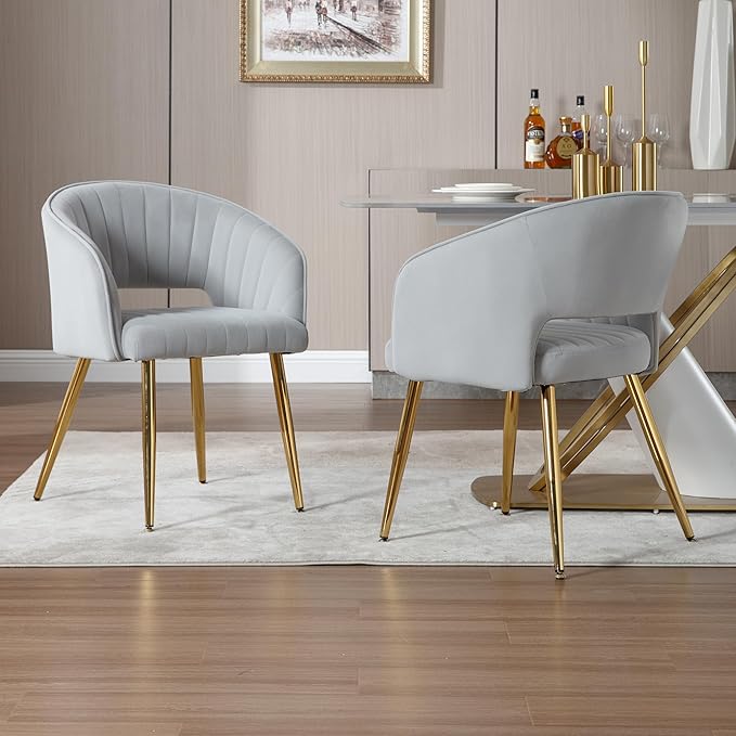 ABET Desk Chair with No Wheels, Velvet Home Office Armchair Gold Legs, Upholstered Modern Accent Chairs, Side Chair for Living Room Bedroom Vanity, Grey