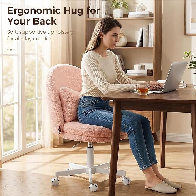 GTPOFFICE Vanity Chair with Back, Adjustable Tall Office Chair High Swivel Bar Stools Fluffy Cute Desk Chair Comfy with Wheels Bow Pillow Armlees for Adults Standing Desk Bar, Teddy Velvet, Pink