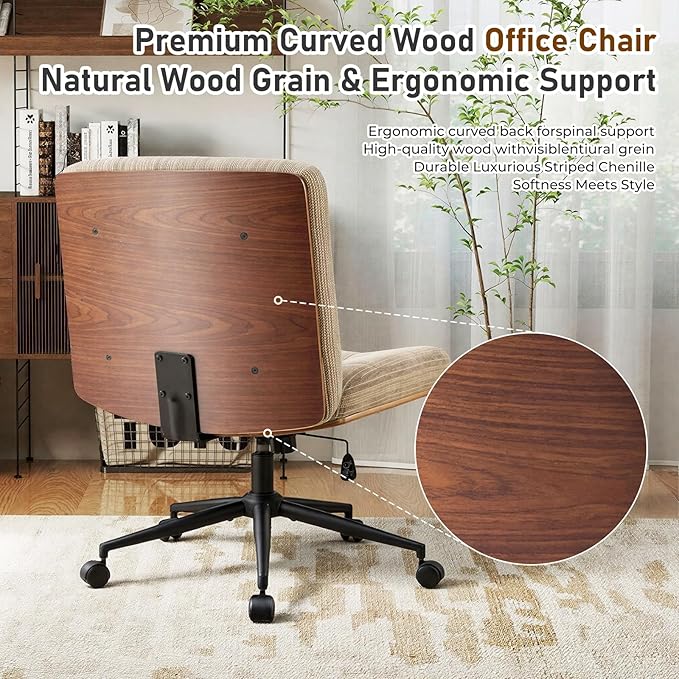 Furnimart Heavy-Duty Curved FSC Wood Desk Chair 360° Swivel, Premium Chenille Criss Cross Chair with Wheels Wide Seat, Comfy Armless Cross Legged Sitting for Bedroom, Office, Vanity (Light Brown)