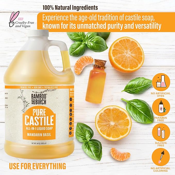 BAMBOO AND BIRCH Pure Castile Soap Liquid, Certified Palm Oil Free Natural Soap, Mandarin Basil, 64 oz