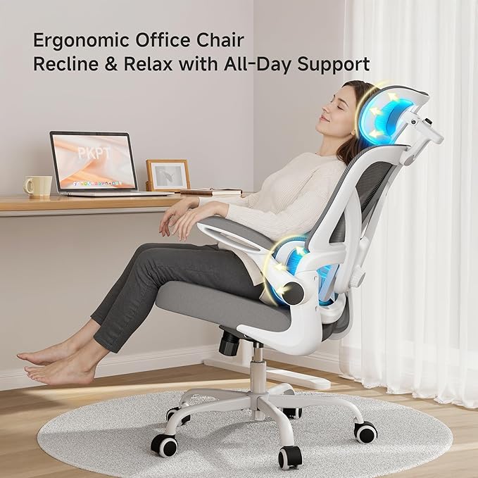 Ergonomic Office Chair, 330LBS Desk Chair with 3-Level Lumbar Support & Headrest, Breathable Mesh Backrest, Flip-Up Armrests for Home Office and Gaming, White and Gray