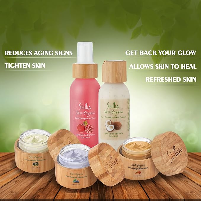 Shira Organic – Face Essentials Combo Of Avocado moisturizer (15ml) Sets, Blueberry night cream, Pomegranate Toner 89ml, Mango Butter Mask, Coconut Oatmeal Cleanser (89ml), Skin Care Essentials