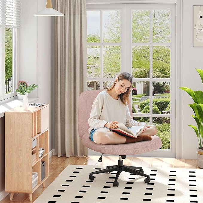 Shintenchi Criss Cross Chair,Cross Legged Office Seat with Wheels Armless Swivel Vanity Chair,Height Adjustable Wide Computer Task Seating for Home Office,Pink ﻿