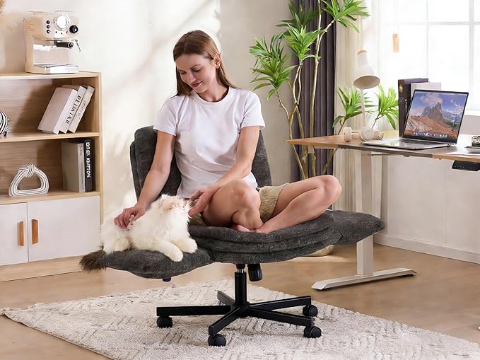 Criss Cross Chair with 5-Gear Adjustable Armrests & Wheels, Ergonomic Airbag Back Support Swivel Desk Chair for Home Office, Vanity, Bedroom and Living Room,Dark Grey