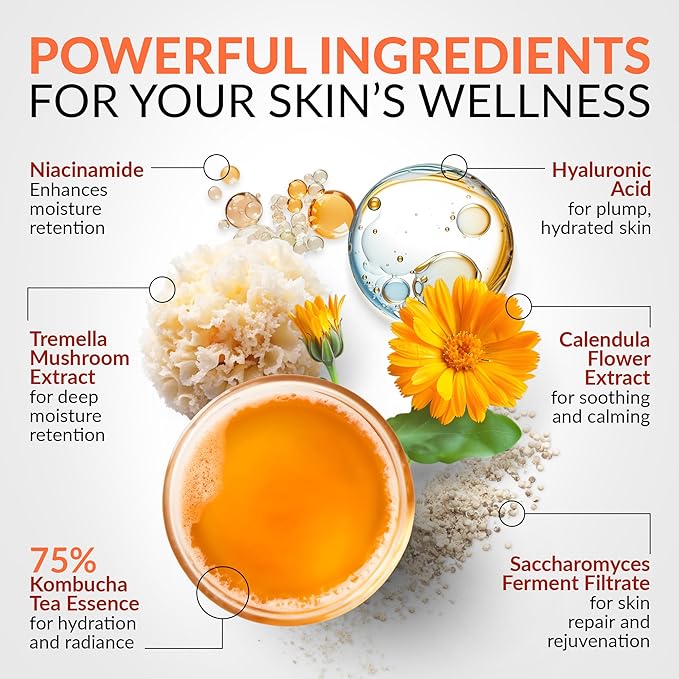 Kombucha Tea Essence Face Toner - Fermented Black Tea Hydrating Essence Skincare Gel Cream - Ceramide Regulation Barrier Serum + Hyaluronic Acid & Niacinamide
