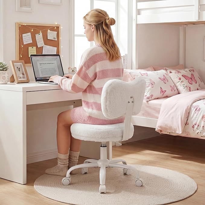 Vanity Chair with Back, Swivel Chair with Wheels & Adjustable Height, Fluffy Faux Rabbit Fur Comfy Desk Chair for Vanity, Make-up Room, Bedroom, Dorm, Cute Bow Backrest, White