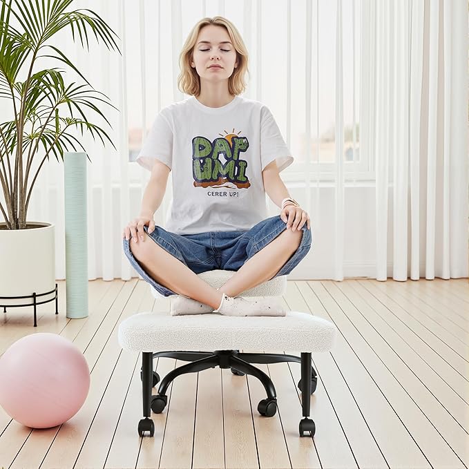 GUNJI Ergonomic Criss Cross Legged Office Chair, 360° Swivel Meditation Kneeling Chair with Wheels, ADHD Chair with Footrest, Lumbar Support, Wider Height Adjustable Seat (White, Teddy Fleece)