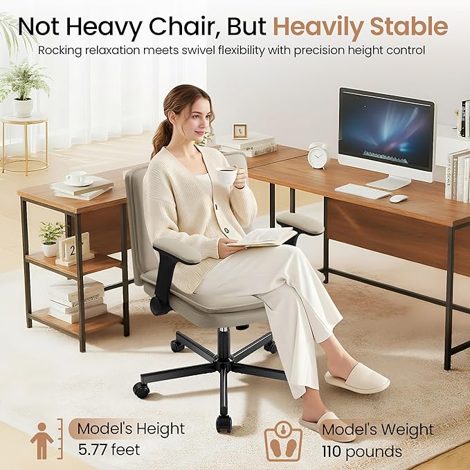 Criss Cross Office Chair with Wheels - PU Leather Wide Criss Cross Desk Chair with Flip-up Arms and Thick Cushion - Comfy Tilting Swivel Rolling Vanity Chair for Home Office Bedroom Apartment