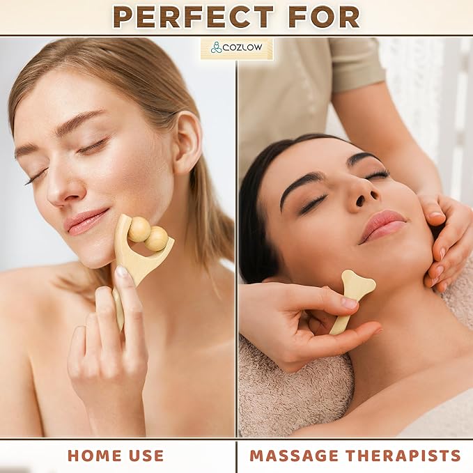 COZLOW Gua Sha Facial Massage Tools (5 Piece Set), Wooden Face Massage Therapy Kit for Face Lifting, Lymphatic Drainage, Skin Care & Anti-Aging