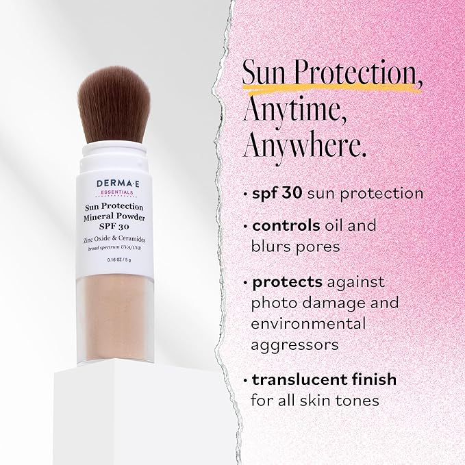 DERMA E Mineral Sunscreen for Face, SPF 30 Brush On Sun Protection Mineral Powder Sunscreen, 0.16 Oz, Mattifying Zinc Oxide & Ceramides, Sets Makeup, Controls Oil, Translucent Finish, All Skin Tones