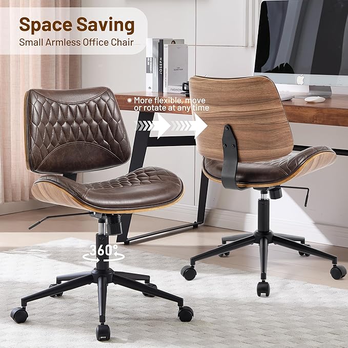 Walnut Bentwood Mid Back Armless Office Chair 2 Pack, Adjustable Height PU Leather Swivel Desk Chair with Wheels, Rolling Computer Task Chair for Home Office, Study, Meeting Room