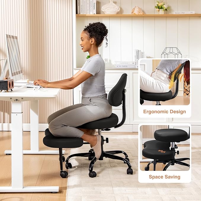 Cross Legged Office Chair, Criss Cross Desk Chair ADHD Meditation Kneeling Yoga Seat with Adjustable Height, Lumbar Support, Wider Footrest and Wheels (Black)