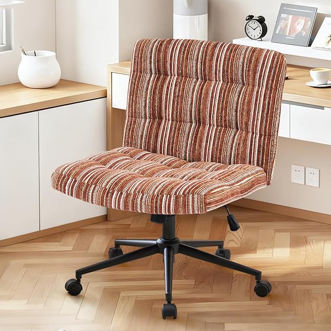 Furnimart 360° Swivel Criss Cross Desk Chair Extra-Thick Cushion, Premium Chenille Cross Legged Chair with Wide Seat & Wheels, Comfy Armless Home Office Chair for Bedroom, Vanity, Sturdy (Dark Brown)