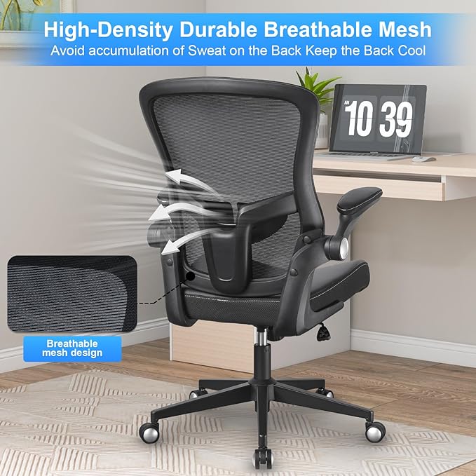 Heavy Duty Office Chair, 400lbs Ergonomic Desk Office Chair for Heavy People, Home Office Desk Chairs with Flip-Up Arms Computer Executive Task Chair with Adjustable Lumbar Support