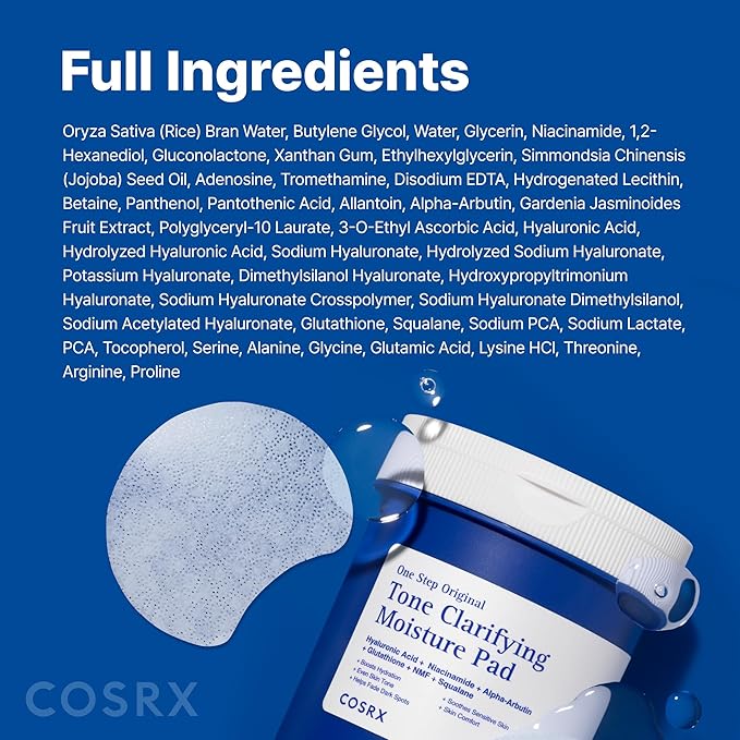 COSRX OneStep Original Tone Clarifying Moisture Pad, 100 Pads, Daily Toning Pad for Skin Texture & Hydration & Evening Skin Tone with Arbutin, Glutathione & 12 Hyaluronic Acids, Korean Skin Care