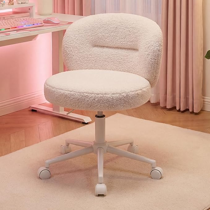 Small Round Vanity Chair with Wheels, Armless Home Office Desk Chairs with Back, Height Adjustable & 360° Swivel, Cute Comfy Vanity Computer Chair for Bedroom, Home Office, White