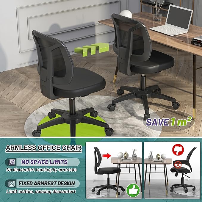 Swivel No Arms Small Home Desk Chair for Computer with Height Adjustable Lumber Support and Rotatoable Wheels for Small Spaces