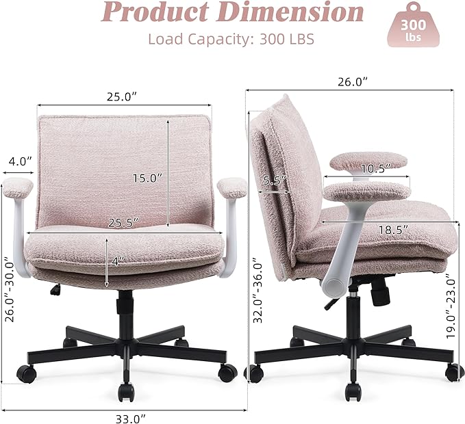 Criss Cross Legged Office Chair with Wheels and Flip-Up Arms, Upholstered Criss Cross Desk Chair, Wide Seat Chairs for Home Office, Vanity, Apartment, Pink